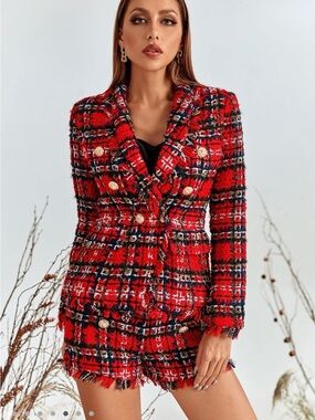 Red Tweed Double-Breasted Jacket and Short-Set- size S, fits like X